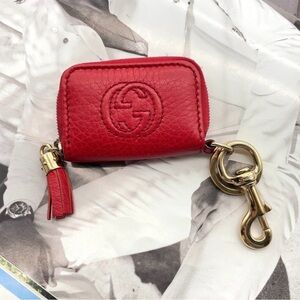 Auth Gucci Interlocking G Tassel Leather Red Coin Holder With Key Ring